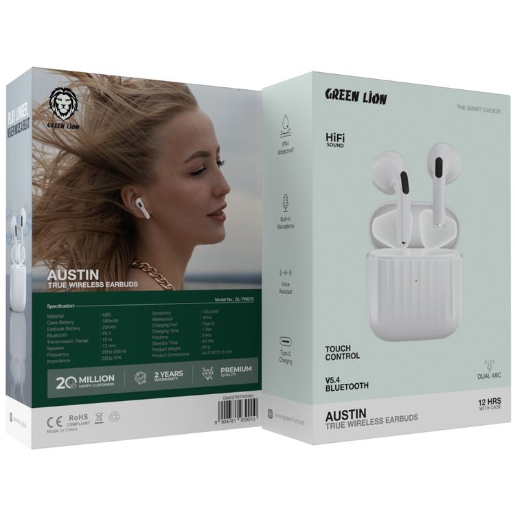 Green Lion Austin True Wireless Earbuds with Built-in Microphone, HiFi Sound, Dual-Mic, Touch Control, Voice Assistant, Type-C Charging, 3 Hours Playtime - White