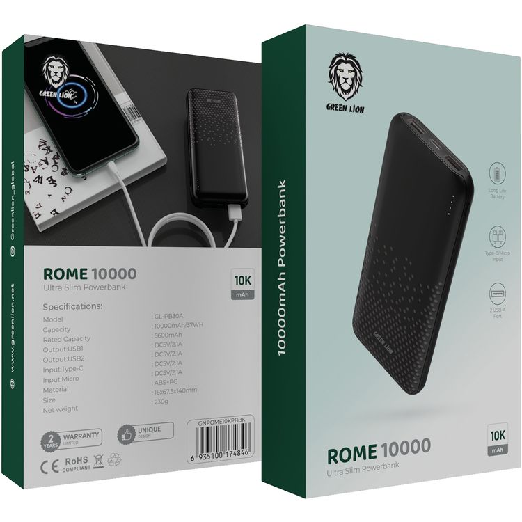 Green Lion Rome 10000mAh Power Bank with 2× USB-A Ports, Type-C & Micro Input, Long Life Battery, ABS & PC Material, Lightweight & Ultra Slim Design - Black