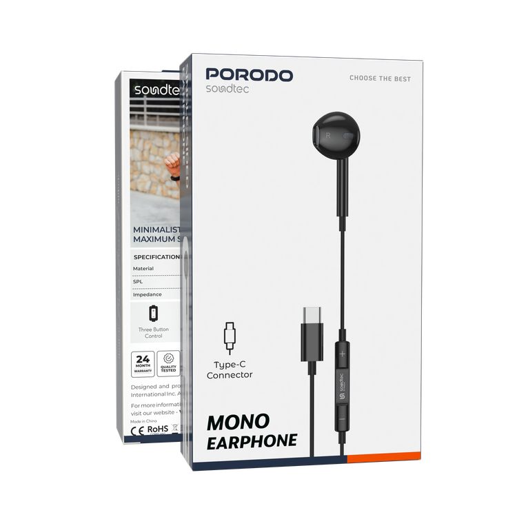 Porodo Soundtec Mono Earphone with Type-C Connector, 3-Button Controls, High-Clarity Microphone, 120 cm Cable Length - Black
