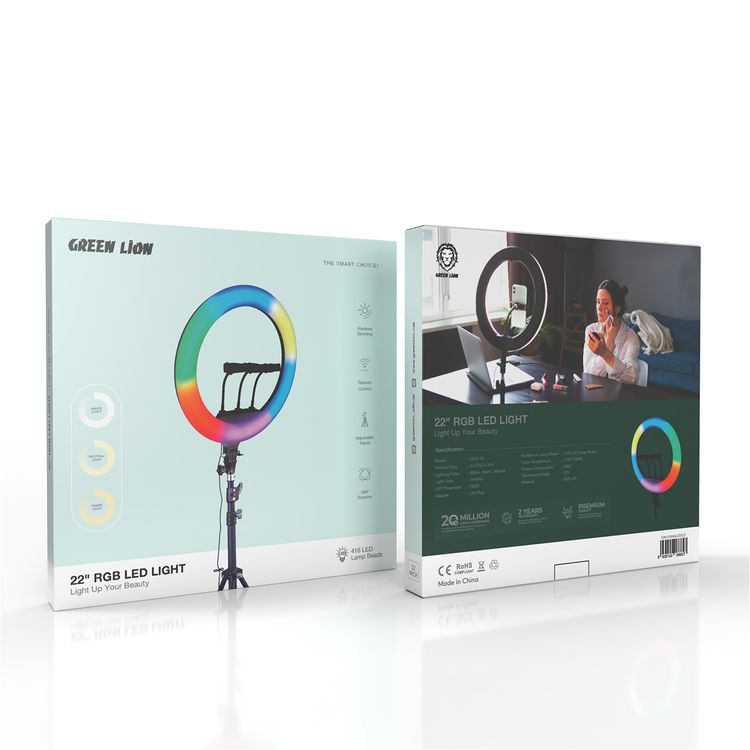 Green Lion RGB Ring Light with Remote Control, 22 Inches, Stepless Dimming, Adjustable Tripod, 360° Rotation, Endless Light Gear, 2.1m Tripod Height, UK Plug Adapter - Black