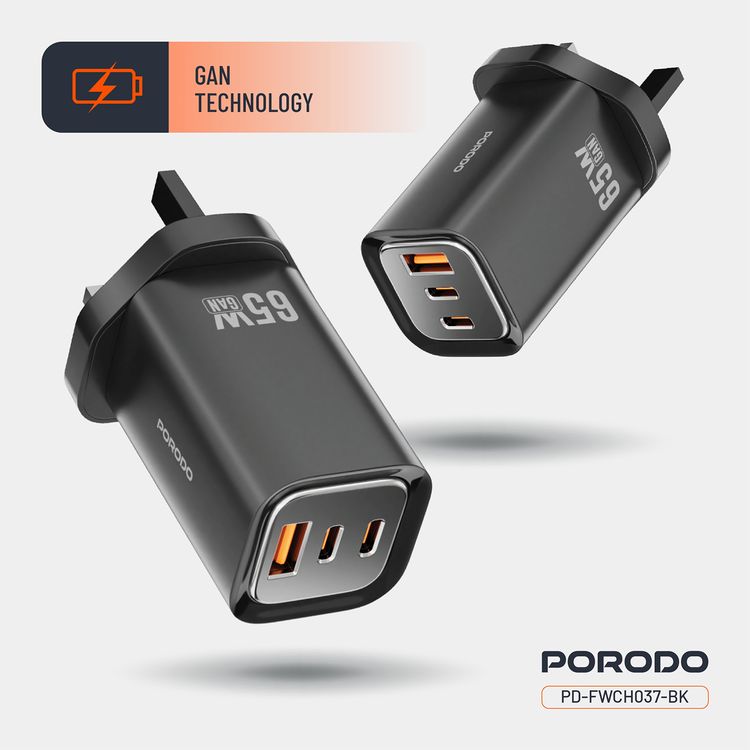 Porodo Triple Output Quick Wall Charger with 65W Power Delivery, Built-in Safeguards, Simultaneous Charging, 22.5W USB-A Output, Laptop Charging Compatibility - Black