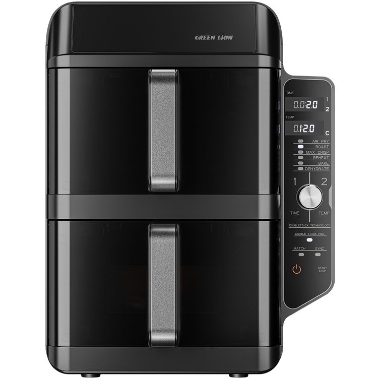 Green Lion Double-Decker Pro Digital Air Fryer with 2× 5.6L Capacity, 6 Preset Programs, 2400W Power, PP + Aluminum + ABS & PC Material, 0-60 Minutes Frying Time, Up to 230°C Temperature, BS Plug 90cm Power Cord, LED Touch Display - Black