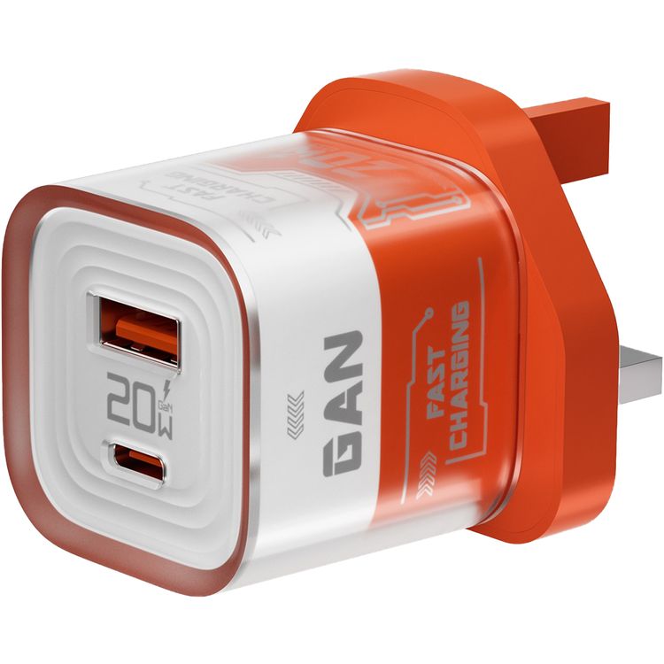 Porodo Crystal Shell GaN Wall Charger with 1.2m USB-C Cable Included, Simultaneous Charging, 20W Power Delivery, Overheat Protection, 18W USB-A Output - Orange