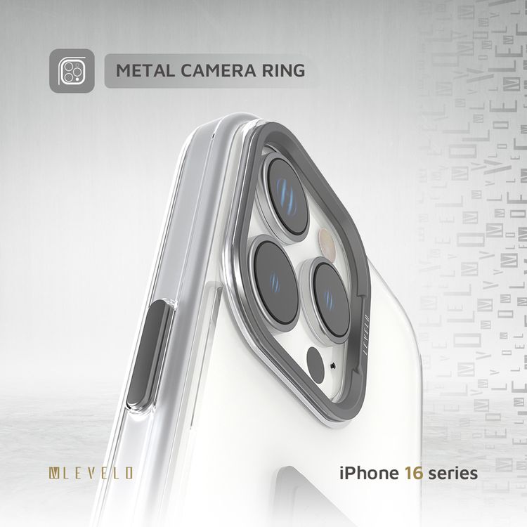 Levelo Morphix Clara Case for iPhone 16 Pro, Hybrid Material, Impact-Resistant Corners, Built-in Leather Grip, Metal Camera Ring - Gray