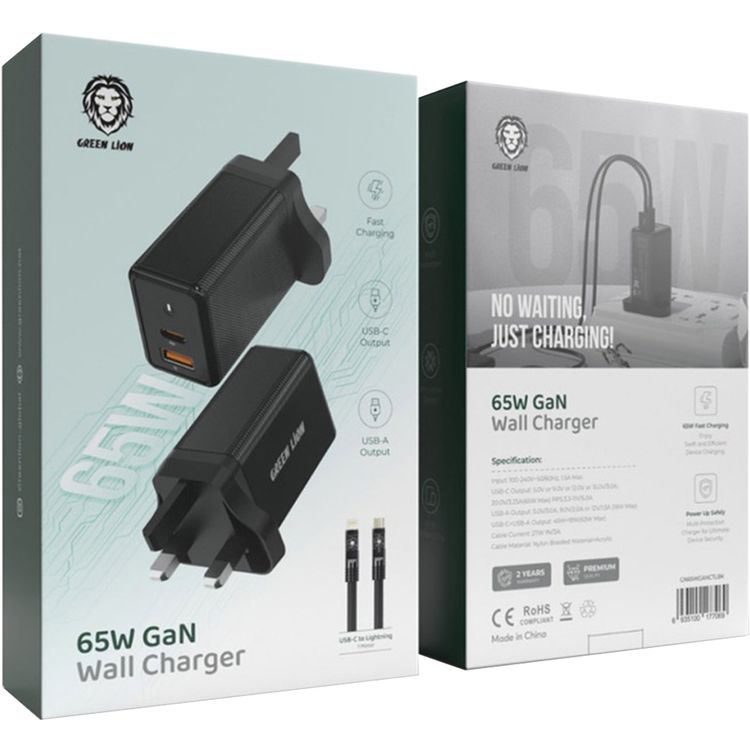 Green Lion 65W GaN Wall Charger with USB-C to Lightning Cable, 65W Power Delivery, UK 3-Pin Plug, Wide Compatibility, 27W Cable Current, Multi Protection - Black