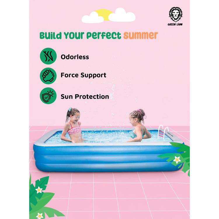 Green Lion Inflatable Swimming Pool with 880L Water Capacity, Small, PVC, Fits 5-7 People, Suitable for 3+ Years Old, Sun Protection, Force Support, Odorless - Blue