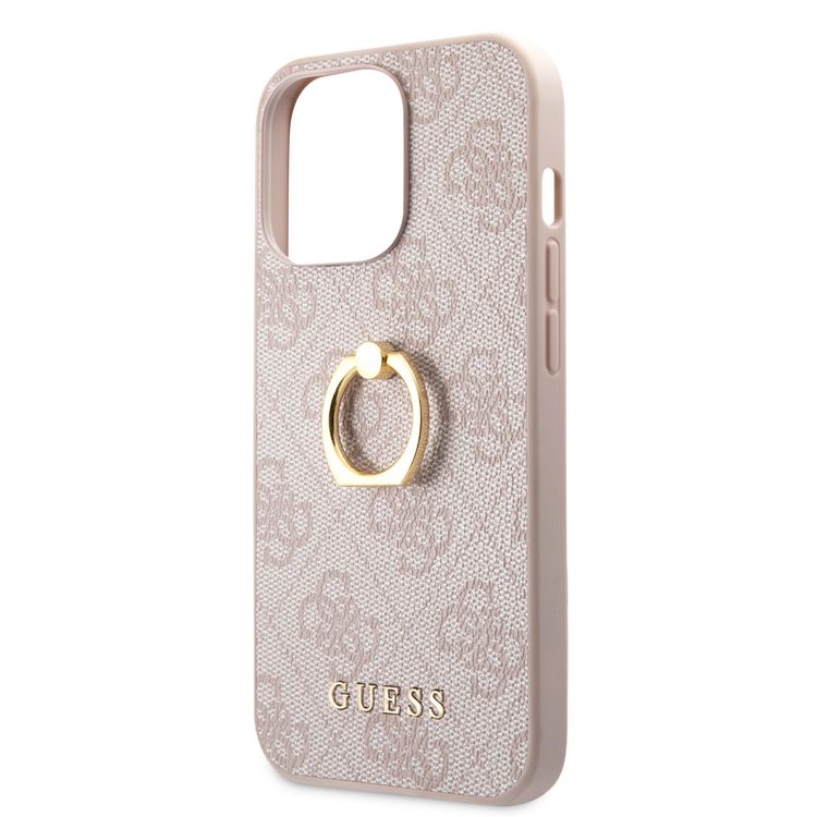 CG MOBILE Guess PU Leather 4G Case with 360° Rotating Ring Grip Holder Stand Compatible for iPhone 13 Pro (6.1") Suitable with Wireless Charging Officially Licensed - Pink