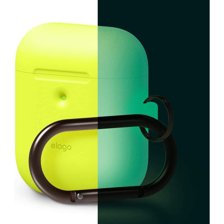 Elago Silicone Case with Anti-Lost Keychain Compatible with Apple AirPods 1/2 Wireless Charging Case, Front LED Visible, Anti-Slip Coating Inside, Premium Silicone - Neon Yellow