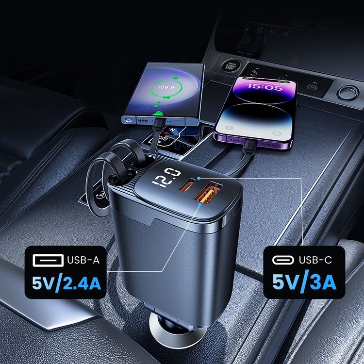 Porodo 45W Car Charger with Foldable Design, LED Voltage Display, 111W Maximum Output, Simultaneous Charging, Fast Charge Support, QC 36W, PD 45W, 80cm Type-C & Lightning Retractable Cables - Black