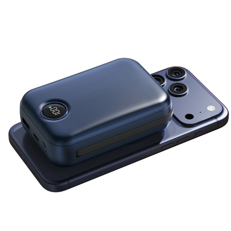 بطارية متنقلة جرين ليون بسعة 20000 مللي أمبير/ساعة مع كابل مدمج من النوع C، شاشة LCD، توصيل طاقة 20 واط، جاذبية مغناطيسية، تصميم مدمج - أزرق