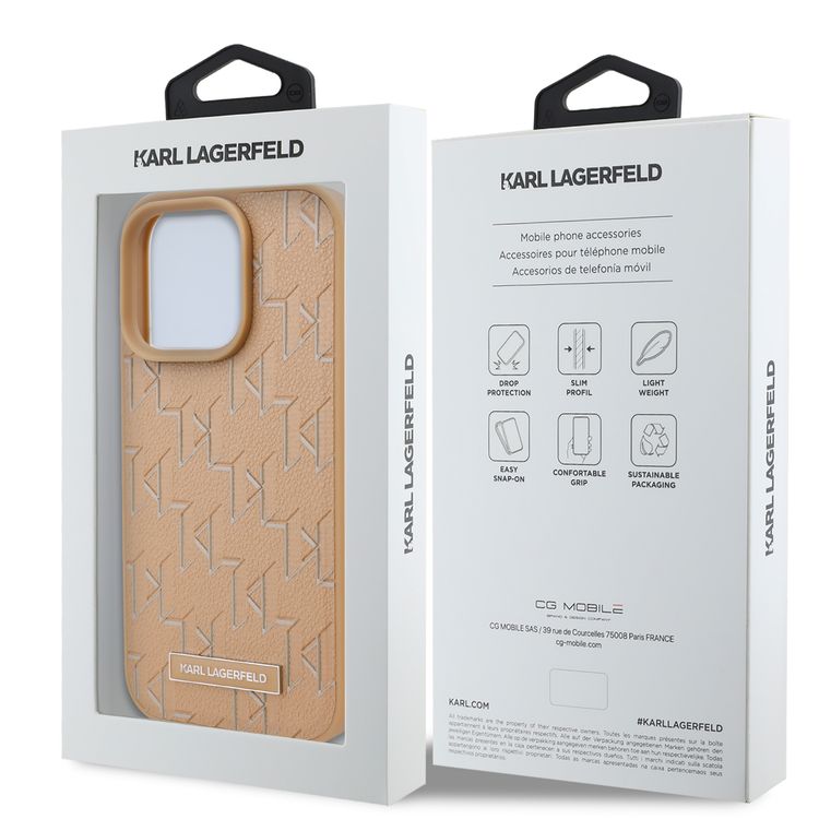 Karl Lagerfeld PU Hard Case for iPhone 16 Pro Max with Karl Lagerfeld Hot Stamp, Slim Profile, Lightweight, Sustainable Packaging, Comfortable Grip, Easy Snap-on  - Beige