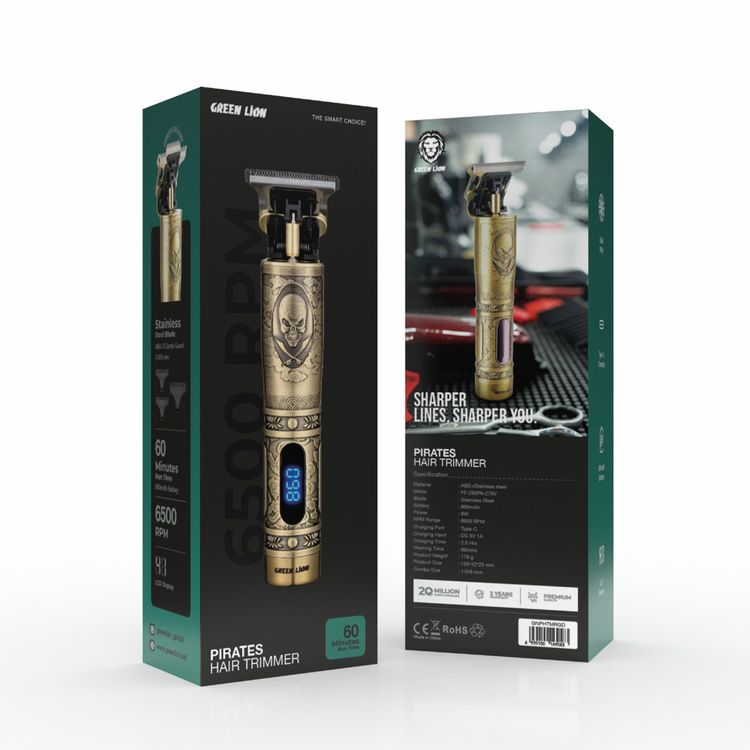 Green Lion Pirates Hair Trimmer,  6500RPM Motor, 600mAh Battery, 2.5 Hours Charging Time, 1 Hour Working Time, LCD Display - Gold