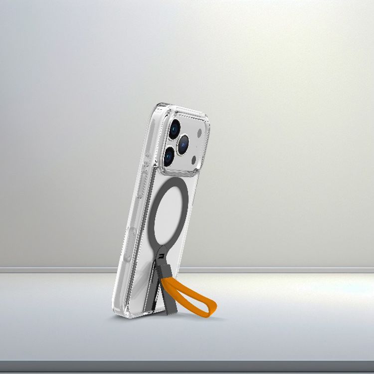 Levelo Spira MagSafe Clear Grip Case for iPhone 17 Pro, Strong Magnets, Horizontal & Vertical Viewing, Shock-Resistant Bumper, Anti-Scratch, 360° Rotating Metal Kickstand - Sunrise Orange