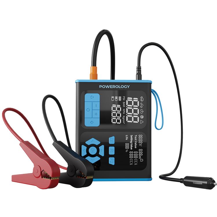 Powerology All-In-One Car Emergency Solution with Jump Starter, Air Inflator, OBD II Car Fault Diagnosis Toll, Smart Inflation System, 0.01-Bar Precision, Universal Device Charging, Digital Pressure Display, Large Battery Capacity, Multi-Vehicle Ready - Black/Blue