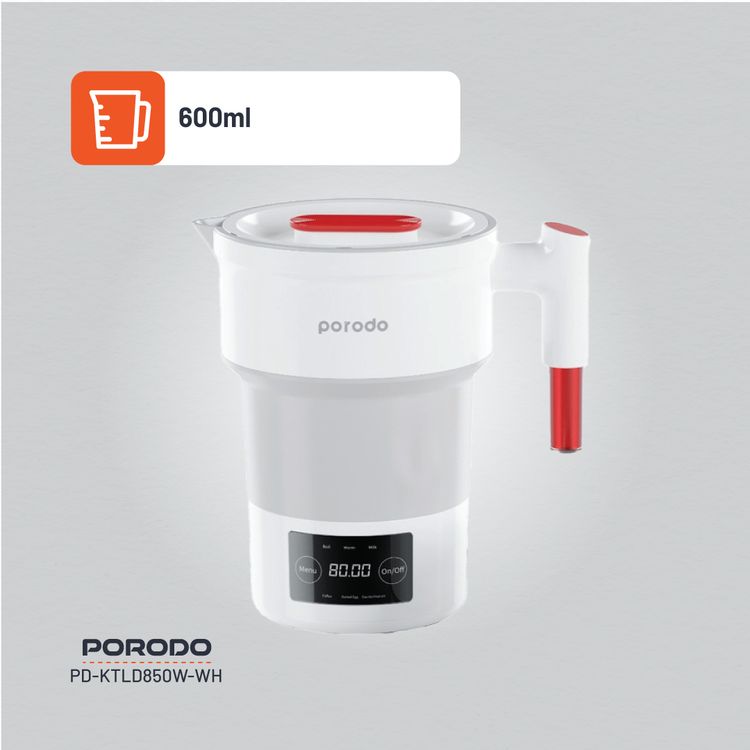 Porodo Lifestyle Portable Folding Electric Kettle Temperature Setting, 600ml  Water Capacity, Digital Display, High-Grade Silicone - White