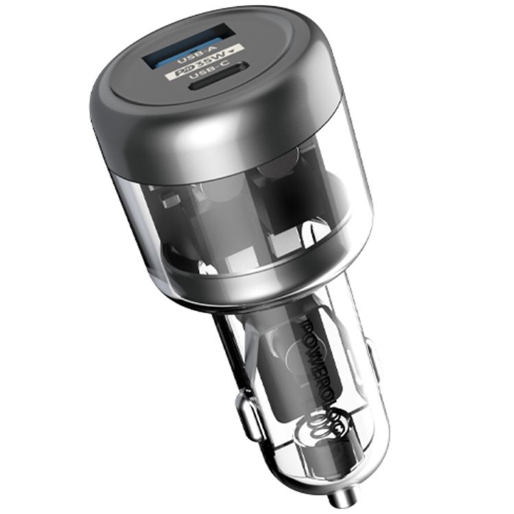 شاحن سيارة Powerology Dual Output Ultra-Quick Crystalline Series، 35 وات PD، 22.5 وات QC، واقيات أمان مدمجة - شفاف/رمادي