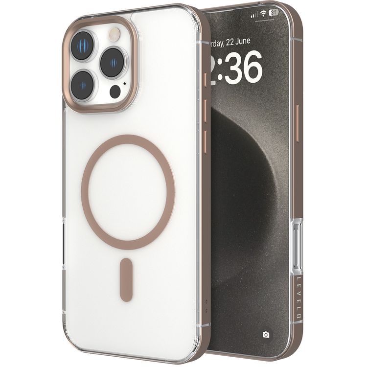 Levelo Claire Magsafe Case with Aluminum Bumper Case for iPhone 16 Pro Max, Hybrid Case, MagSafe Compatibility - Rose Gold Titanium