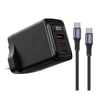 Porodo GaN Wall Charger with USB-C to USB-C Cable, Single USB-A & Dual USB-C Ports, 100W Power Delivery, Built-in Safeguards, Fast Charge Support, Multiple Device Charging, Digital Display - Black