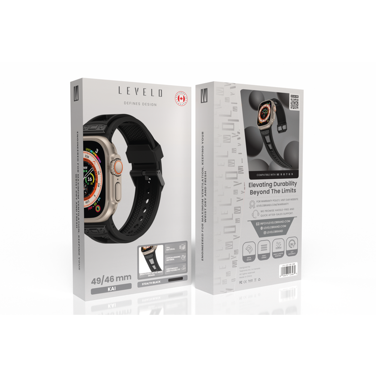 Levelo Kai Watch Strap, Apple Watch SE 9/8/7/6/5 (46/49mm), TPU + Metal Buckle, Hypoallergenic, 24/7 Wearability - Stealth Black