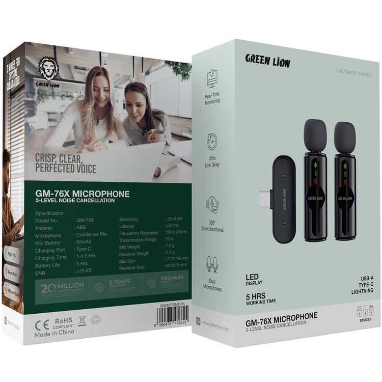Green Lion GM-76X Microphone with 3-Level Noise Cancellation, 5 Hours Working Time, Less than 30 Milliseconds Latency, Dual Microphones, USB-A, Type-C & Lightning Connectors - Black
