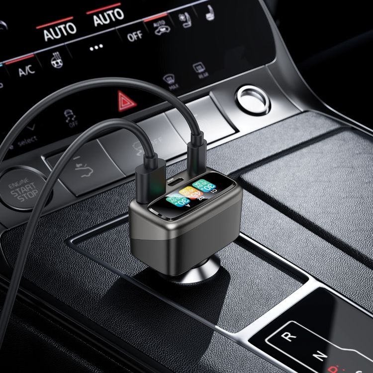 Green Lion Drive Core 105W Car Charger with 3-Ports Fast Charging Adapter, PD 45W Type-C, QC 30W USB-A, Zinc Alloy with TFT Voltage Monitor, for iPhone & Samsung, Light and Thin Laptops & Tablets, Zinc Alloy + Flame Retardant PC Material - Gray 