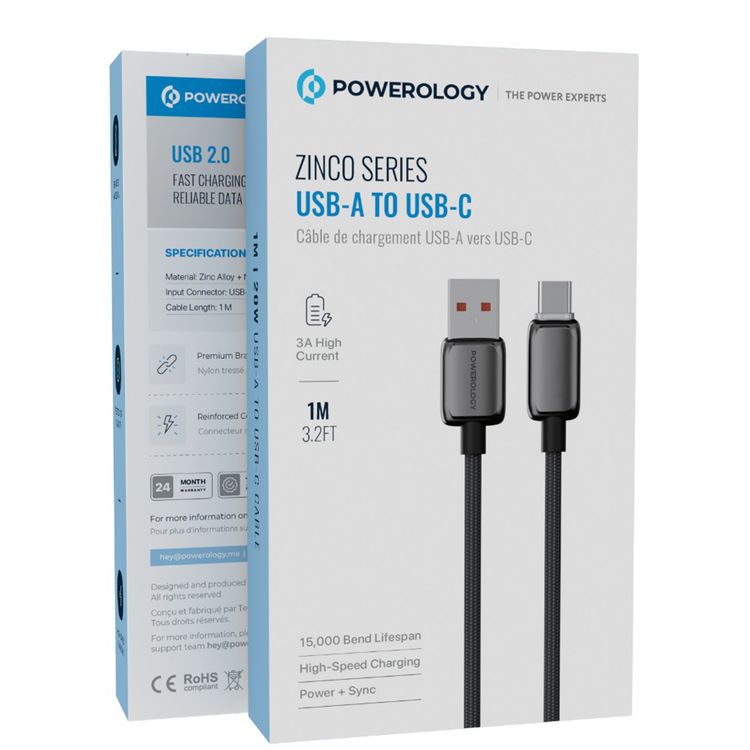 Powerology Zinco Series USB-A to USB-C Cable with PD 20W, High-Speed Charging, 1m Cable Length, Nylon Braided & Zinc Alloy Material, 480Mbps Data Transfer Speed - Gray