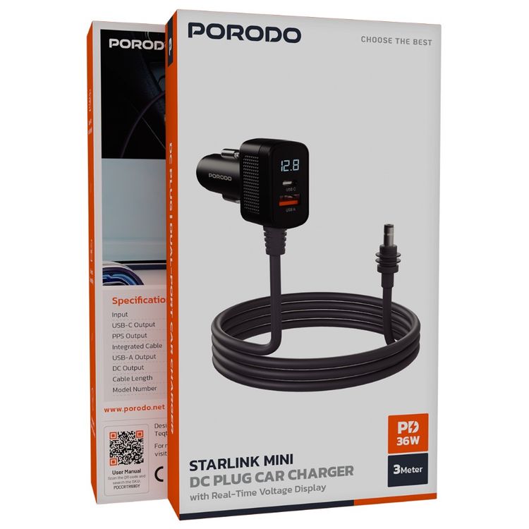 Porodo Starlink Mini DC Plug Car Charger with 60W DC Cable, Integrated Safety Features, Universal Compatibility, Dual-Port Fast Charging, 36W Power Delivery - Gray