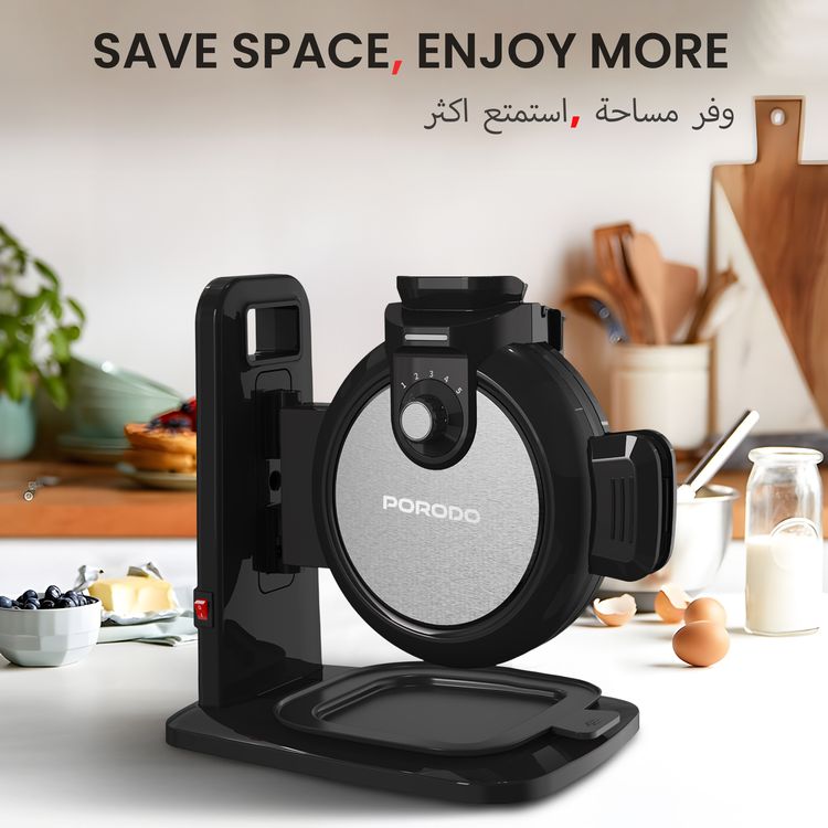 Porodo Vertical Waffle Maker with 5 Heat Levels, 210mL Capacity, 800W Power, Up to 5:30 Minutes Waffle Making Time, Non-Stick Plate, Batter Tray - Black
