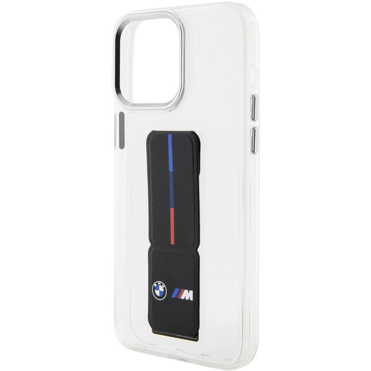 BMW M Grip Stand Clear Case with Leather Grip & Perforated Pattern for iPhone 15 Pro - Black