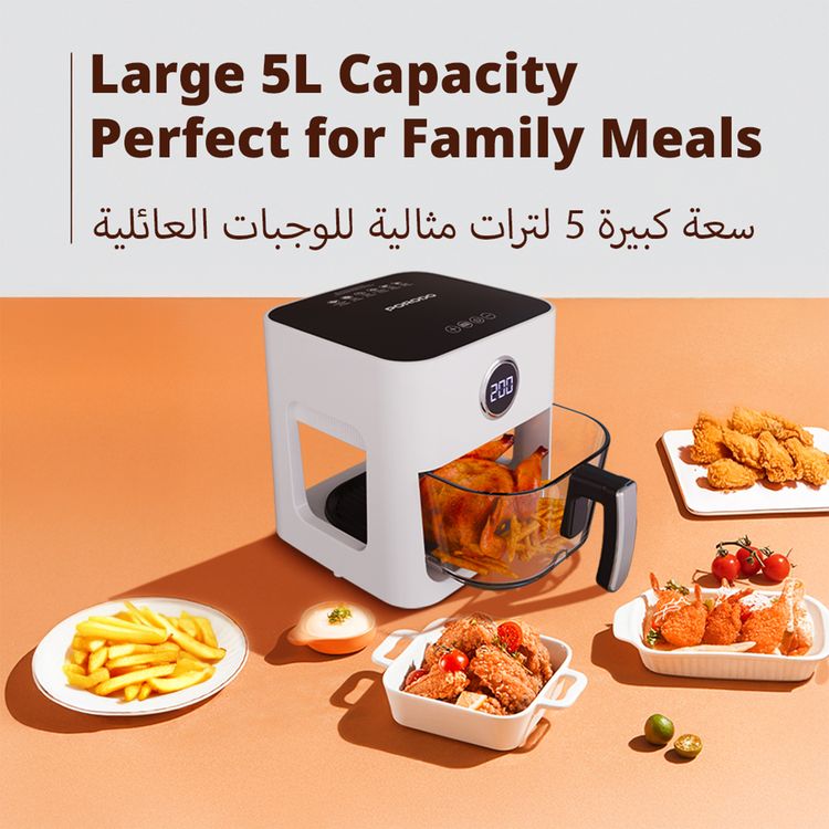 Porodo Lifestyle Glass Pot Air Fryer with 5L Capacity, Up to 60 Minutes Timer, 8 Presets, 360° Panoramic View, 1200W Rated Power, Food-Grade Glass Spot, Touch Panel - White