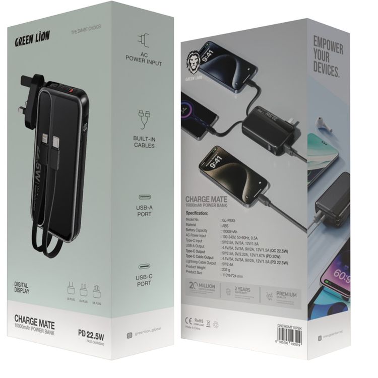 شاحن باور بانك غرين ليون تشارج ميت بقدرة 10000 مللي أمبير PD 22.5W، مدخل طاقة AC، كابلات مدمجة، شاشة رقمية، قابس الولايات المتحدة، قابس الاتحاد الأوروبي، قابس المملكة المتحدة - أسود