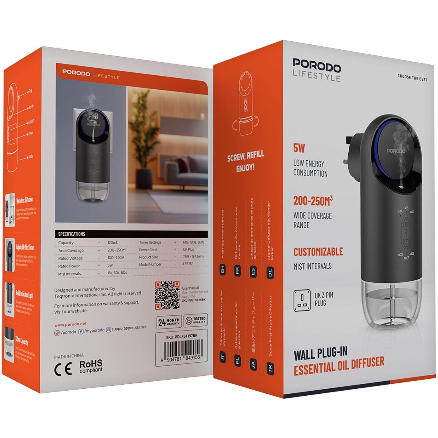 Porodo Wall Plug-in Essential Oil Diffuser with Customizable Mist Intervals, 120mL Capacity, 200-250m³ Coverage Area, 60s, 180s & 360s Timer Settings, Refill Indicator Light, Waterless Diffusion - Black