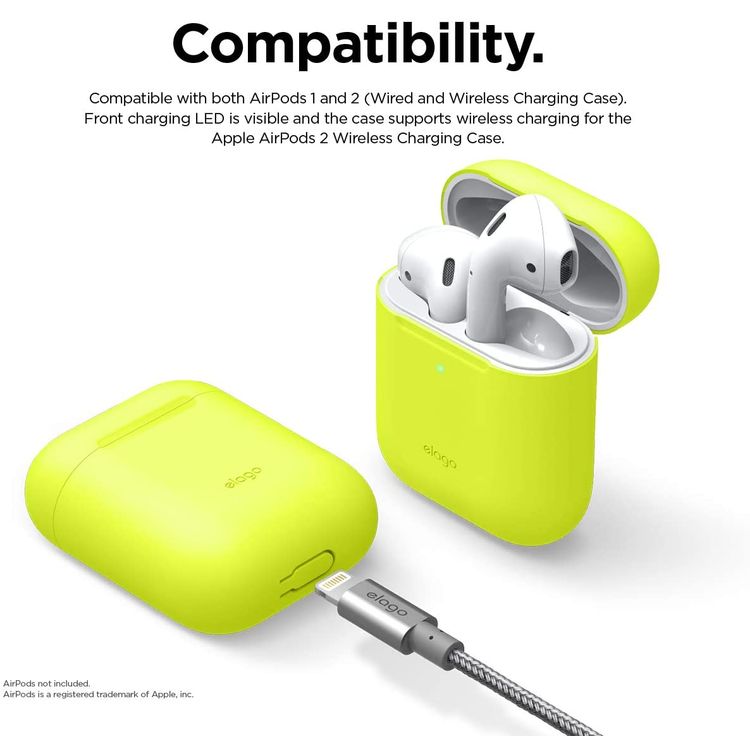 Elago Basic Skinny Case for Apple AirPods 1&2 Generation, Upgraded Premium Silicone, Front LED Visible, Dustproof Protective Cover, Compatibility With Wireless Chargers Neon Yellow