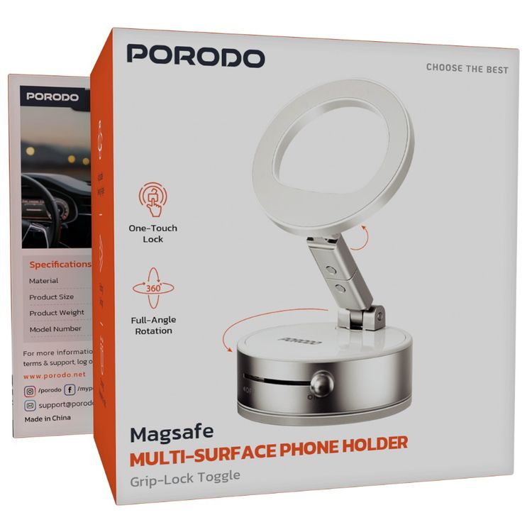 Porodo MagSafe Multi-Surface Phone Holder with Grip-Lock Toggle, 360°Rotation, Strong Magnetic Hold, Foldable Design, Aluminum Alloy, Zinc Alloy & ABS Material, Adjustable Viewing Angle - White