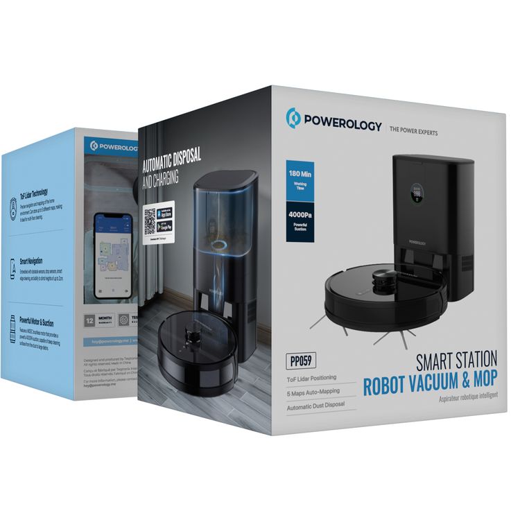 Powerology Smart Station Robot Vacuum & Mop, Smart Navigation , Brushless Motor , Suction Power, Powerful Motor & Suction - Black