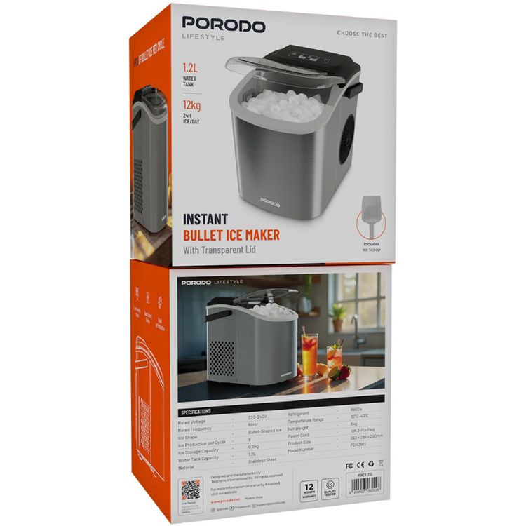 صانع الثلج الفوري بورودو لايفستايل بغطاء شفاف، إنتاج سريع للثلج، تصميم موفر للمساحة، لوحة تحكم سهلة الاستخدام، 12 كجم من الثلج في 24 ساعة، يتضمن ملعقة ثلج، سعة 0.6 كجم من الثلج - لون فضي