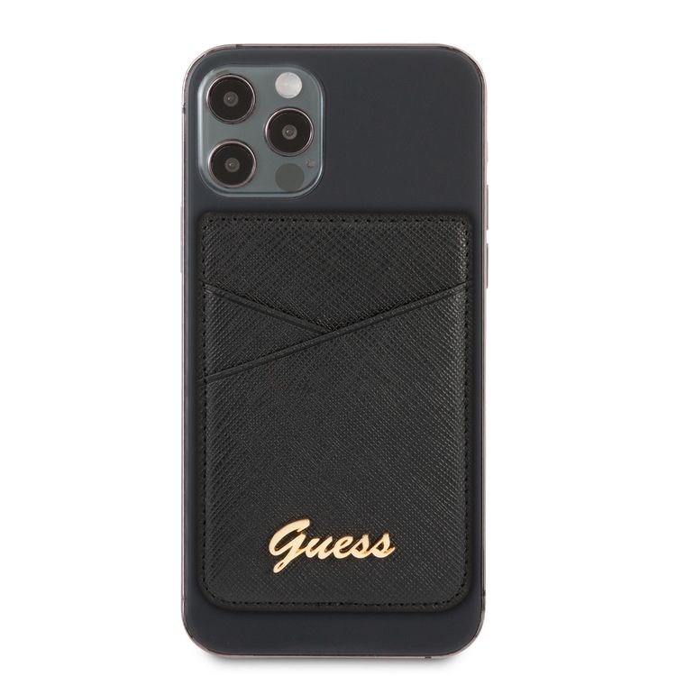CG MOBILE Guess Saffiano Script Wallet Cardslot with Magsafe for iPhone 12 Pro Max, 12/12 Pro, 12 Mini, Magnetic Wallet Card Holder, Phone Back Slot Wallet Card Case Officially Licensed Black