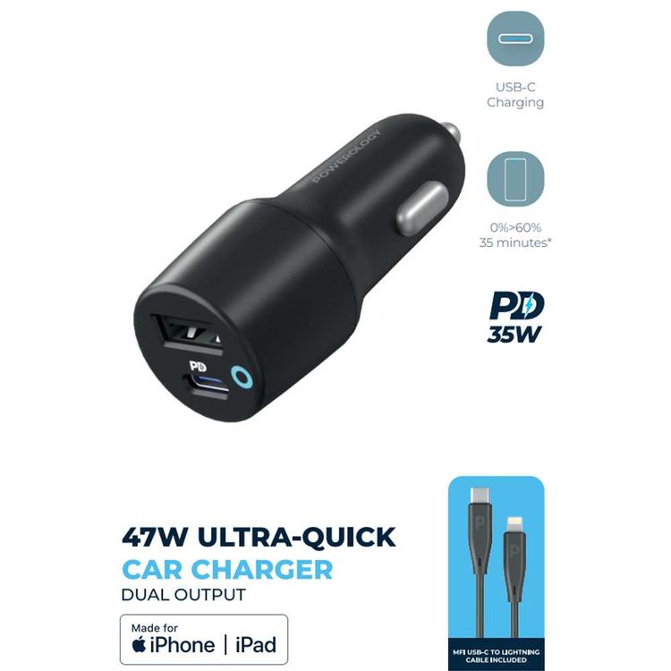 Powerology Dual Port Car Charger with USB-A & USB-C Ports, PD 35W, 47W Total Power, USB-C to Lightning Cable, 1.2m Cable Length, Fast Charging - Black