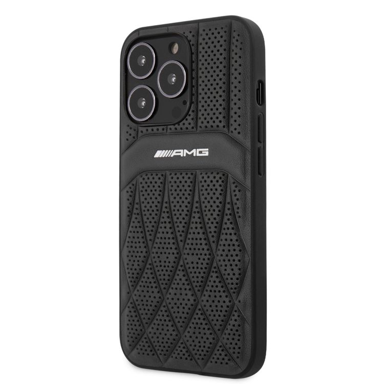 CG MOBILE AMG Genuine Leather Case With Perforated Black Leather Curved Lines Hot Stamped With Logo Compatible with iPhone 13 Pro Max (6.7") Easy Access to All Ports