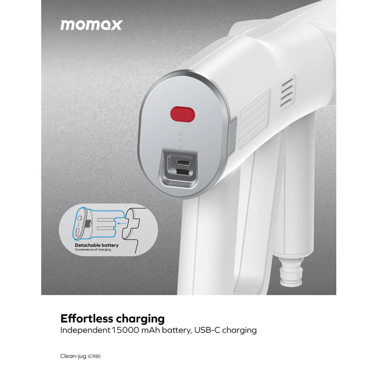 Momax Clean Jug Portable Pressure Car Cleaner with 145W Power, 25 Minutes Working Time, 15000mAh Battery, 17 Bar Water Pressure, 156L/h Flow Rate - White