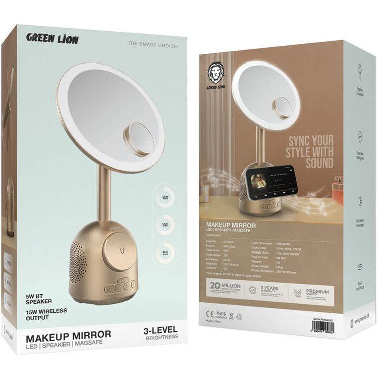 Green Lion Makeup Mirror with Bluetooth Speaker, MagSafe Charger, 3-Level LED Light, Bluetooth Version 5.1, 5000-6500K Color Temperature, 26 LED Beads, 60° Rotation, Type-C Charging Port, ABS & Glass Material - Gold