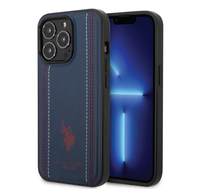 USPA PU Leather Case with Stitched Lines Double Line & Horse Logo iPhone 14 Pro Compatibility - Navy