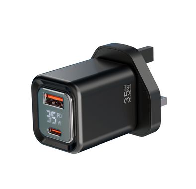 Porodo Dual-Port Quick Wall Charger with 35W Power Delivery, Built-in Safeguards, Digital Display, 0.8A Maximum Rated Current, GaN Technology - Black