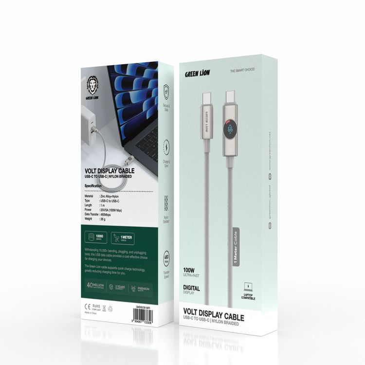 Green Lion Volt Display Nylon Braided 1m USB-C to USB-C Cable, PD 100W, Laptop Compatible, Digital Display, Nylon Braided, Charge & Sync, Secure & Safe, Zinc Alloy + Nylon Material - Titanium