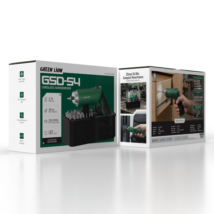 Green Lion GSD-54 Cordless Screwdriver with Multi-Angle Flexibility, 54 Pieces 25mm Magnetic Bit Set, Forward/Reverse Control, LED Work Light, 90°Adjustable Handle, All-in-One Bit Set, Type-C Charging Port, 250 RPM Max Speed - Green