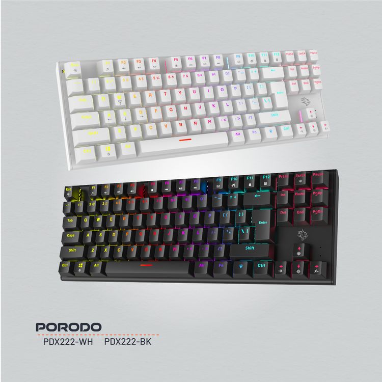 Porodo Gaming TKL Mechanical Keyboard with 12 RGB Light Modes, 25 Anti-Ghosting Keys, 50 Million Clicks Lifespan, 1.5m PVC Cable, Plug & Play, English & Arabic Keys - Black