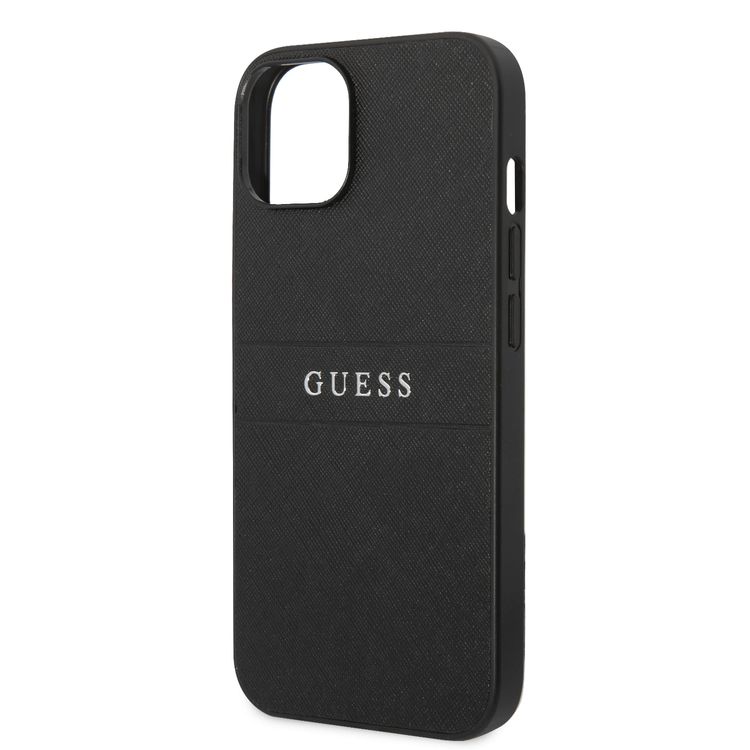 Guess PU Leather Saffiano Case with Metal Logo & Hot Stamp Stripes iPhone 14 Plus Compatibility - Black