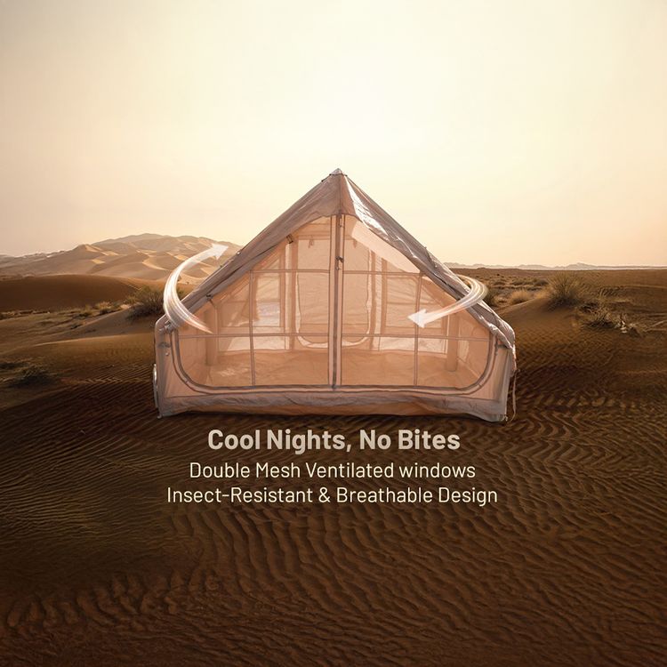 Green Lion GT-4X Inflatable Camping Tent, Breathable Anti-Mosquito Design, 3-4 Persons Capacity, Storage Pockets, Ventilated Windows- Beige