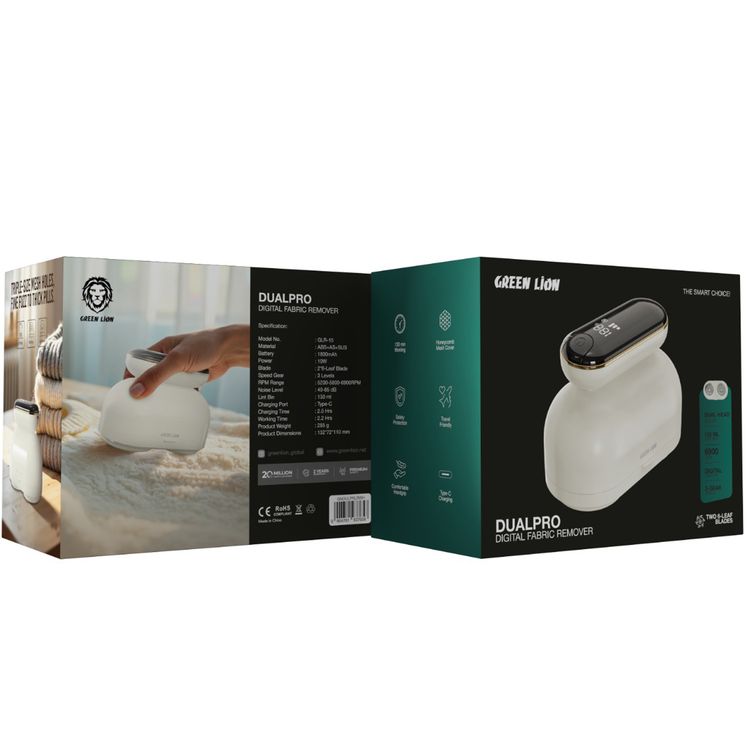Green Lion Dualpro Digital Fabric Remover with 3-Gear Speed Control, Up to 2.2 Hours Working Time, 130mL Lint Bin Capacity, 2 × 6-Leaf Blades, Honeycomb Mesh Cover, Comfortable Hand Grip, Dual-Head Design - White
