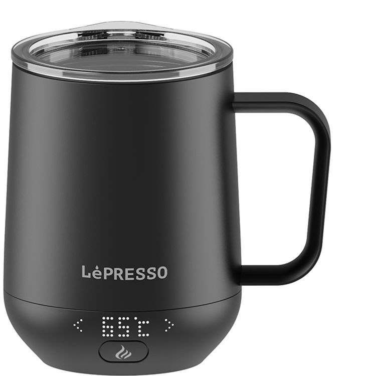 LePresso Smart Heating Mug with Wireless Charging Base, Real-Time Display, Temperature Control, Leak-Proof Design, Stainless Steel + Ceramic Glaze Material - Black  